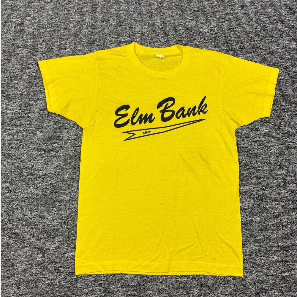 Vintage 80s Screen Stars Elm Bank Staff Yellow Graphic T-Shirt Mens Large